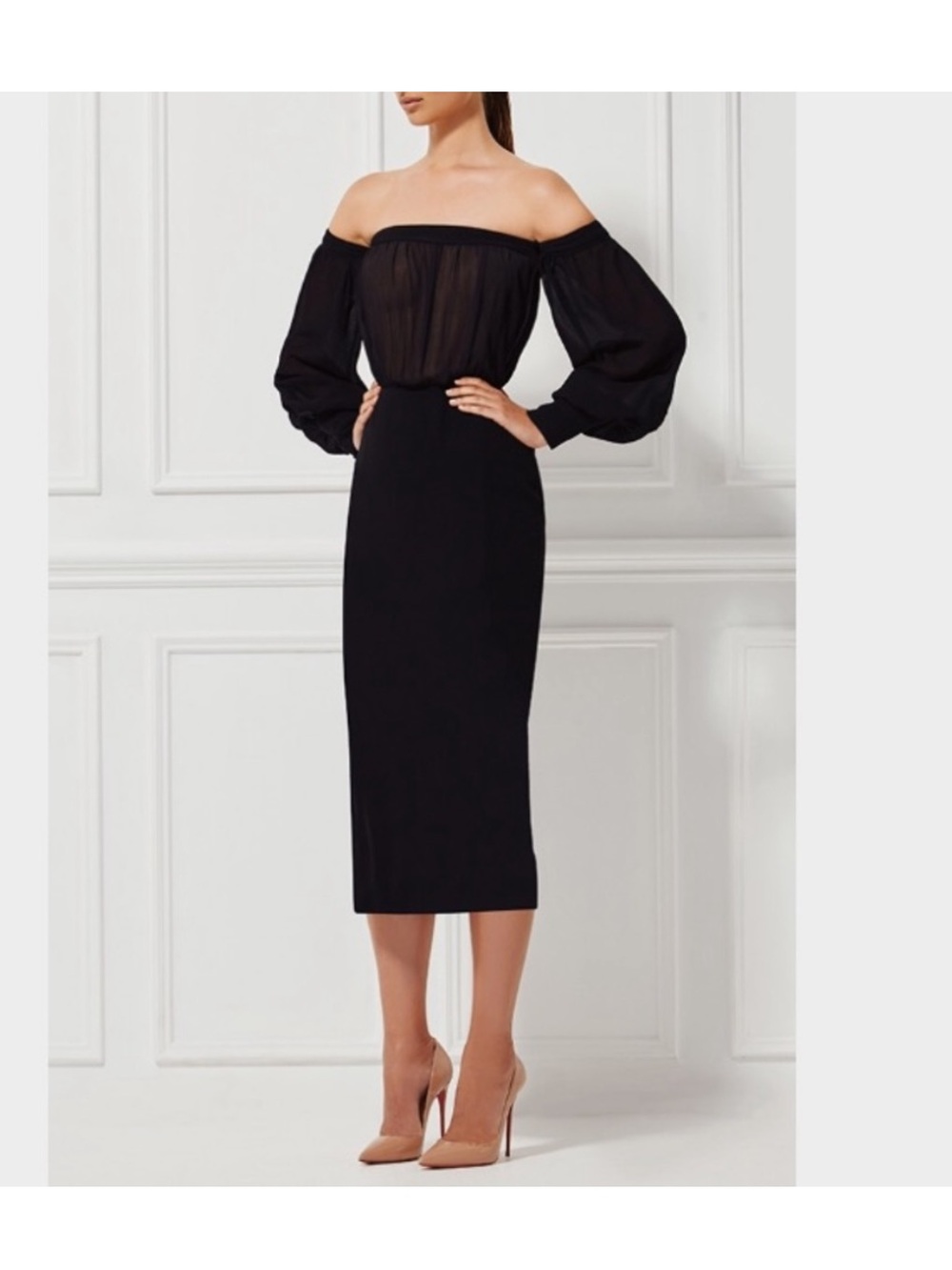 Misha Collection Adia Dress Black Size Large Off-Shoulder with Sheer Bodice